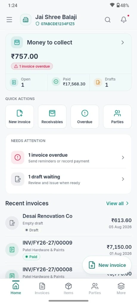 EasyHisab home — money to collect, overdue alerts, and recent invoices