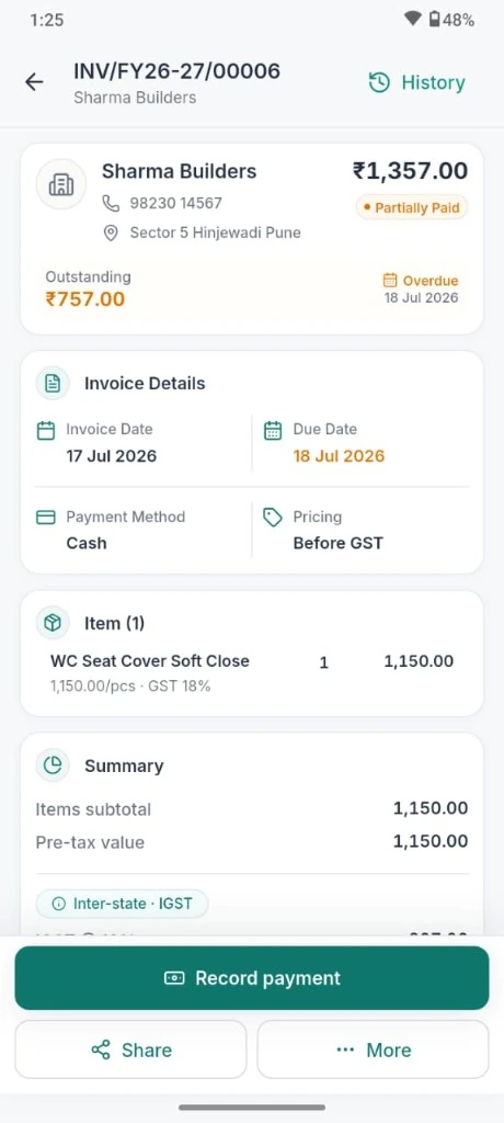 EasyHisab invoice detail with outstanding balance and record payment
