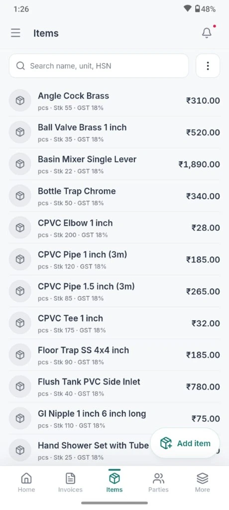 EasyHisab items catalog with stock and GST rates