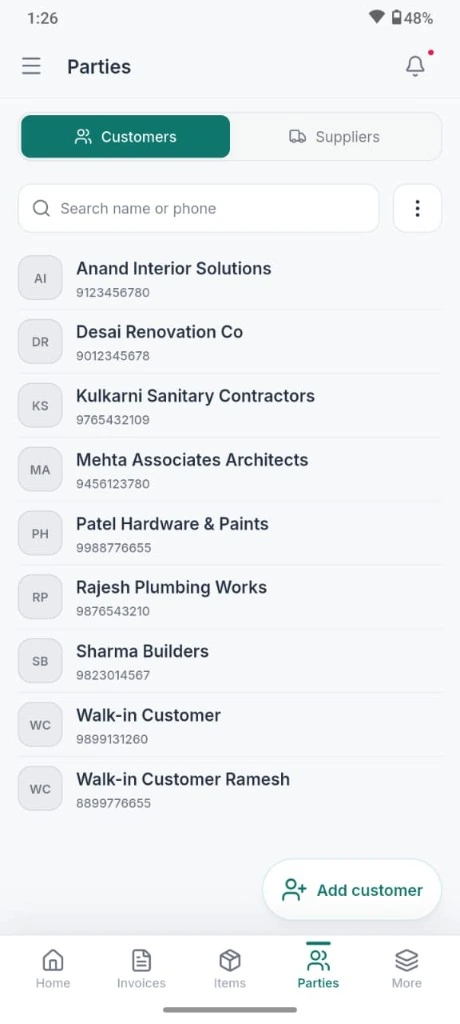 EasyHisab customers and suppliers