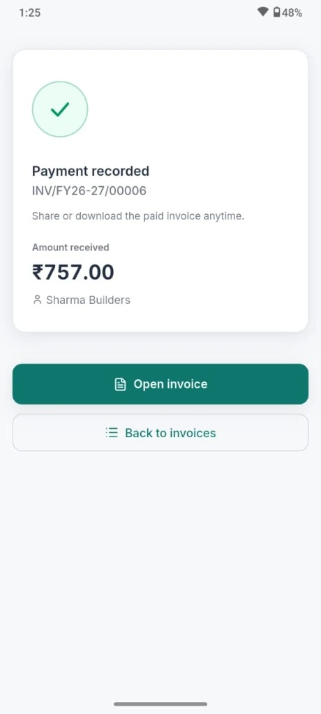 EasyHisab payment recorded confirmation screen