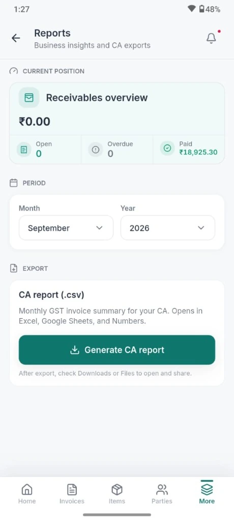 EasyHisab reports screen with CA CSV export