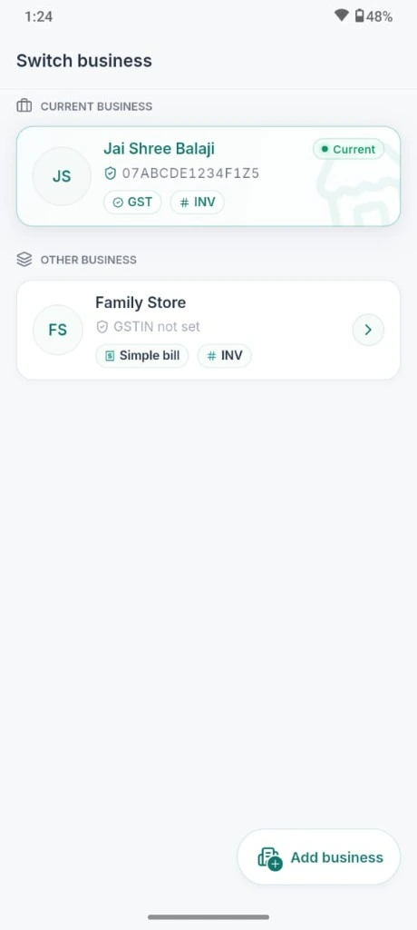 EasyHisab switch business screen