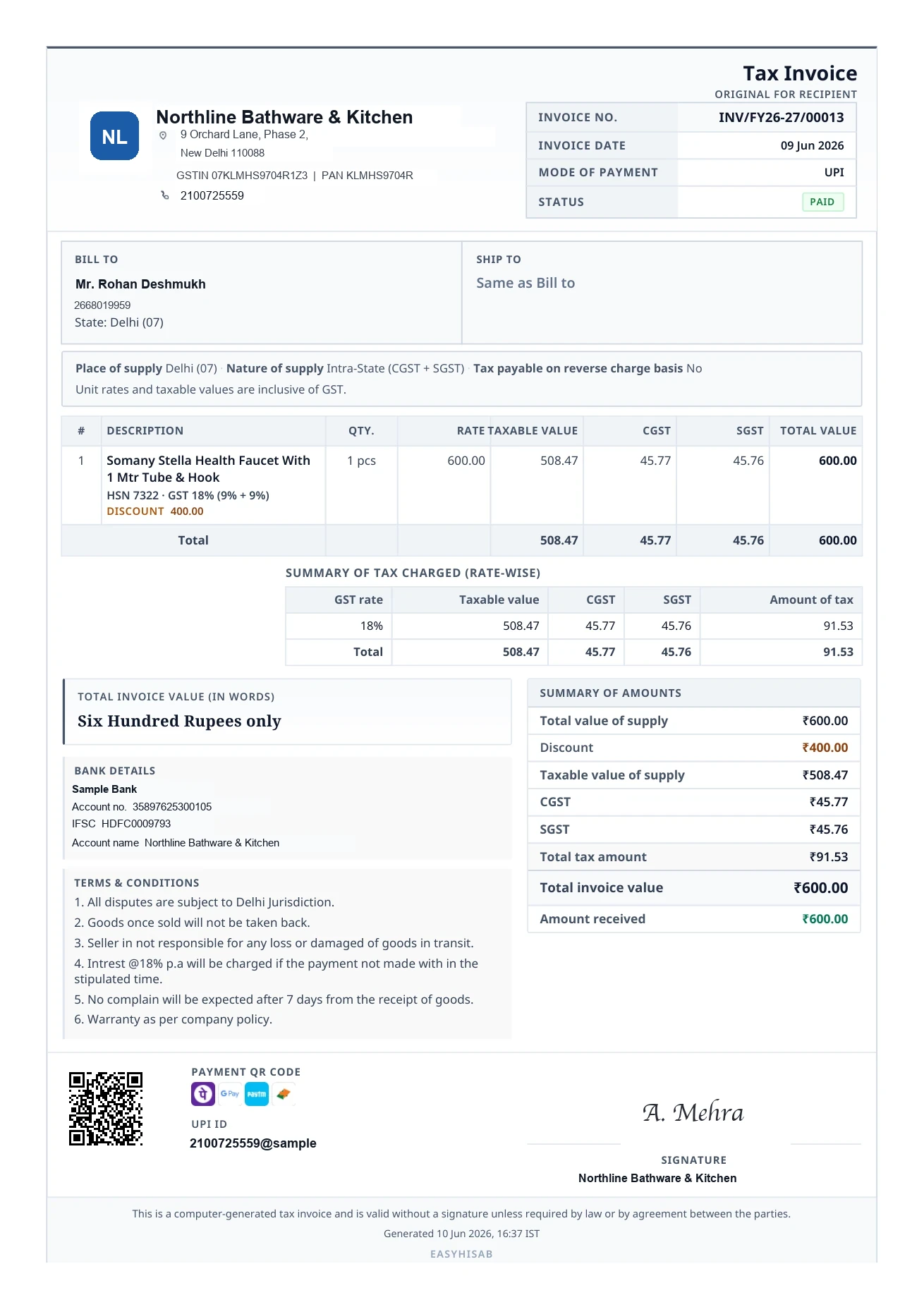 EasyHisab tax invoice INV/FY26-27/00013 for Northline Bathware, paid by UPI