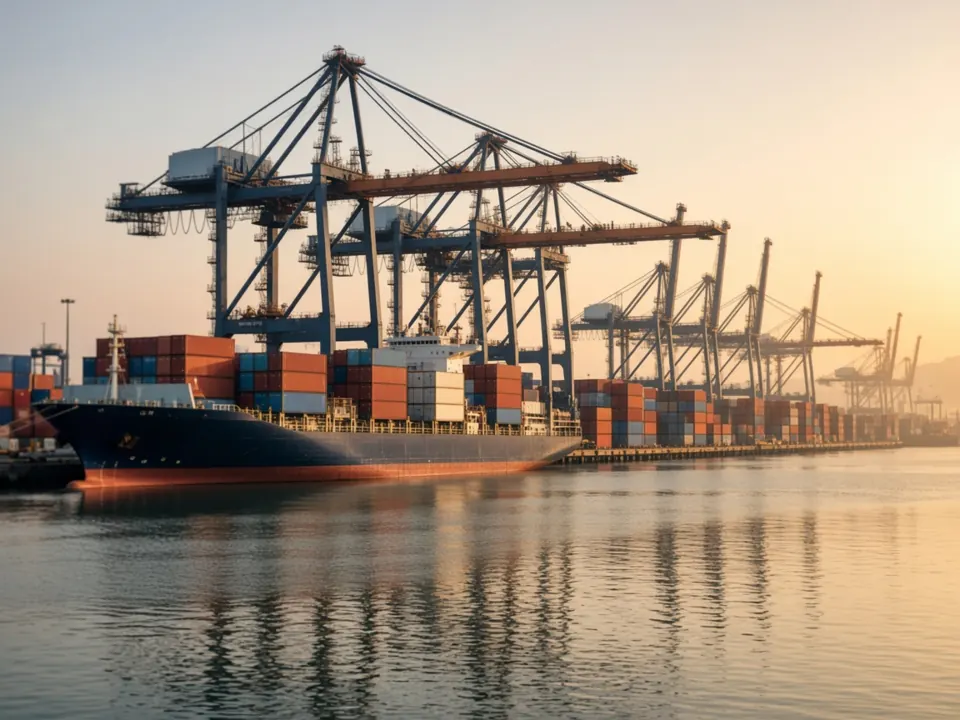 A container ship alongside port cranes