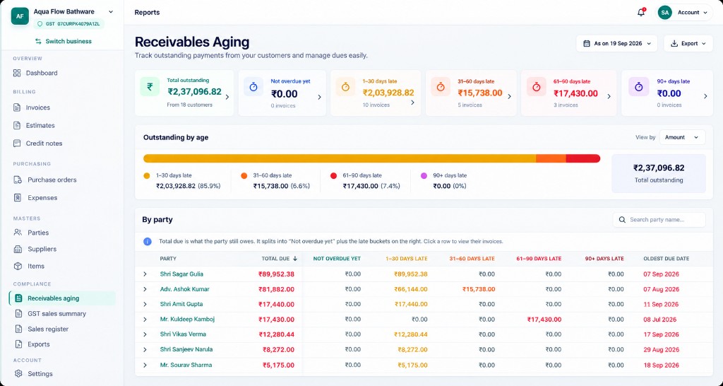EasyHisab receivables aging report with overdue buckets